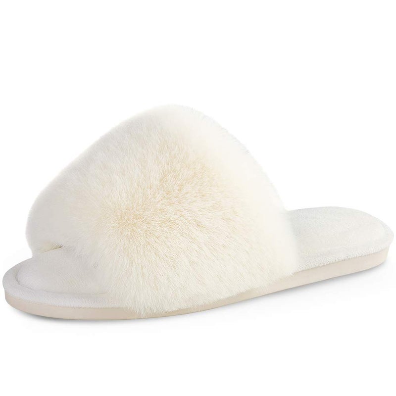 Parlovable Women's Faux Fur Slippers Fuzzy Flat Spa Fluffy Open Toe House Shoes Indoor Outdoor Slip on Memory Foam Slide Sandals Cream 9-10 - Image 1